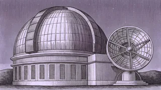 Observatory dome with reflector telescope and radio dish antenna pointing toward the night sky.