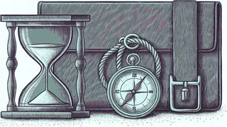 Hourglass with flowing sand beside a digital clock and measuring tools.