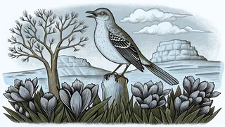 A mockingbird sings from a tulip tree above iris flowers and limestone cliffs.