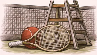 A tennis racket and ball sit on a grass court beside a tall white umpire's chair.