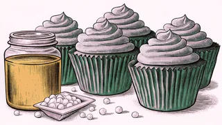 Golden honey and frosted cupcakes with scattered sugar sit on a home table.