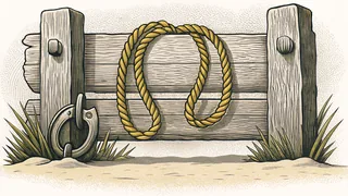 A coiled lariat rope hanging beside a curved metal latch on a weathered fence rail.