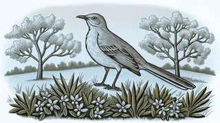 A mockingbird stands guard above a field of bright bluebonnets and pecan trees.