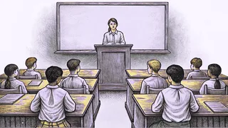 A classroom shows a teacher at an old desk with students seated individually and a chalkboard with lessons displayed behind.