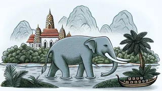 An elephant splashes through Thailand's famous floating market amid temple boats and vendors
