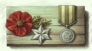 A bright red poppy rests beside a military medal and pin on wood.