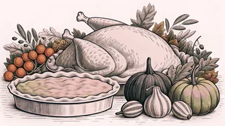 A golden-roasted turkey displayed alongside a steaming pumpkin pie and squash.
