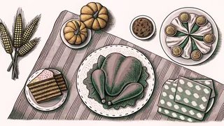 Canadian Thanksgiving fare featuring turkey and traditional regional desserts on a festive table.