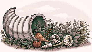 A golden cornucopia tilted and overflowing with seasonal produce and blooms.