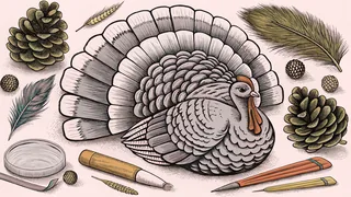 Craft supplies—feathers, pompoms, glitter, and paintbrushes—surround a colorful handmade turkey.
