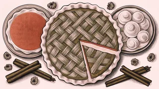 Slices of pumpkin and apple pie sit beside whipped cream and spices.