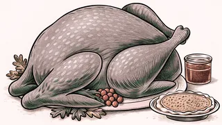 A golden roasted turkey surrounded by autumn harvest dishes on a table.