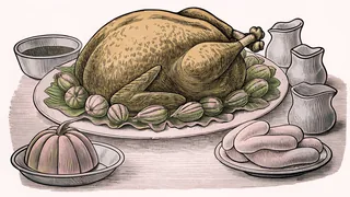 A golden roasted turkey on a platter with sides of squash, rolls, and gravy.