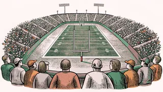 A football soars toward the end zone as crowds cheer in a packed stadium.