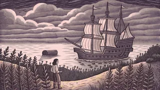 A sailing vessel approaching shore where pilgrims and Native Americans work among golden cornfields.
