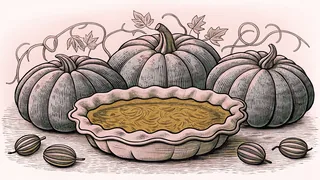 A freshly baked pumpkin pie displayed with whole pumpkins and roasted seeds nearby.