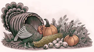 A horn of plenty spilling over with autumn crops, gourds, and fowl in golden light.