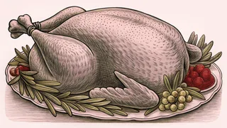 A golden roasted turkey surrounded by herbs and traditional Thanksgiving side dishes.