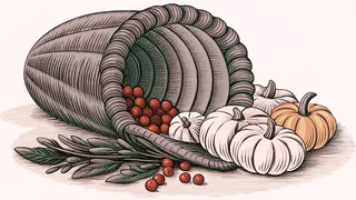 A woven horn of plenty tips red cranberries and small white and orange pumpkins onto the ground beside a sprig of leaves.