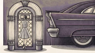 A glowing jukebox stands beside a poodle skirt and the chrome tailfin of a classic car.