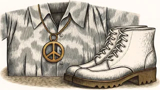 A peace symbol pendant rests beside a pair of go-go boots and a swirling tie-dyed shirt.