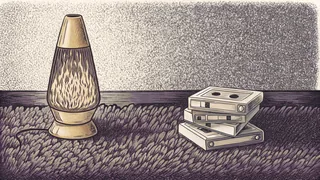 A lava lamp glows beside a stack of blank eight-track tapes resting on thick shag carpet.