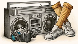 A boombox and a camcorder sit beside a pair of glowing neon leg warmers.