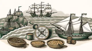 An age of exploration harbor with ships, navigation tools, and cargo.