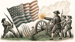 Colonial minuteman firing a cannon surrounded by soldiers carrying muskets with liberty flags waving above.