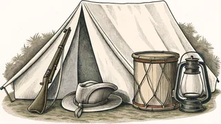 A tricorn hat rests on a musket beside a drum and a lantern in a colonial camp.