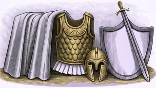 Complete armor including a shining breastplate, helmet, shield, and sword gleaming.