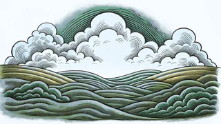 Banded clouds and shimmering aurora curving above the planet's horizon.