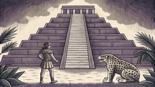 Aztec warrior wielding an obsidian blade confronts a jungle jaguar before towering pyramid temples.
