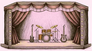 Vintage musical instruments including a guitar and drum kit on a concert stage.