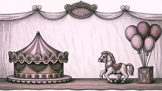 Balloons and a music box rest beside a carousel horse on a shelf.