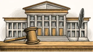A wooden gavel rests beside a quill and inkwell on an old courthouse desk.