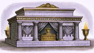 Ancient bronze vessels and a glowing furnace in an ornate palace chamber