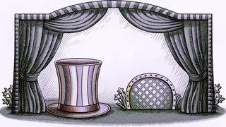 A tall striped stovepipe hat stands beside a red umbrella and a goldfish bowl.