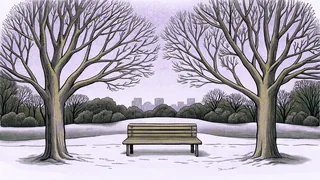 A snow-covered park bench sits beneath bare winter trees before a distant city skyline.