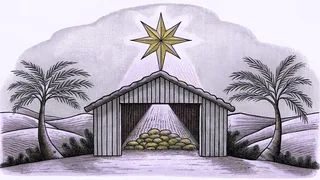 A bright star shining over a humble stable with a manger and precious gift offerings.