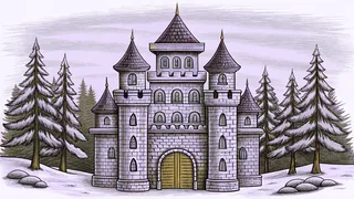 A stone castle stands among misty mountains beside a snow-covered forest.