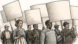 Civil rights marchers carrying blank signs walk together toward a future of freedom and equality.