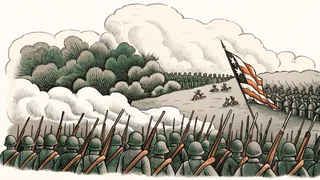 A Civil War battlefield scene with soldiers and military action.
