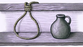 A coiled rope noose and a cracked earthenware jug on a rough wooden bench.