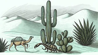 Arid desert featuring towering cacti, rolling dunes, and desert wildlife.