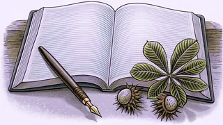 An open ruled diary lies beside a fountain pen and two spiky horse chestnuts with a leaf.