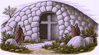 Stone tomb beneath dawn sky with cross and angel silhouettes nearby
