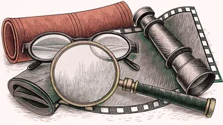 Round spectacles and a magnifying lens resting beside a brass optical device.