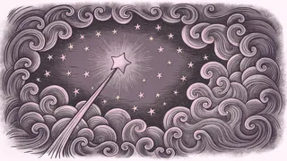 A slim magic wand trails an arc of glowing stars above swirling clouds of shimmering light.
