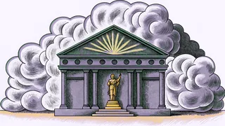 Glowing furnace with flames engulfing golden statue as smoke rises